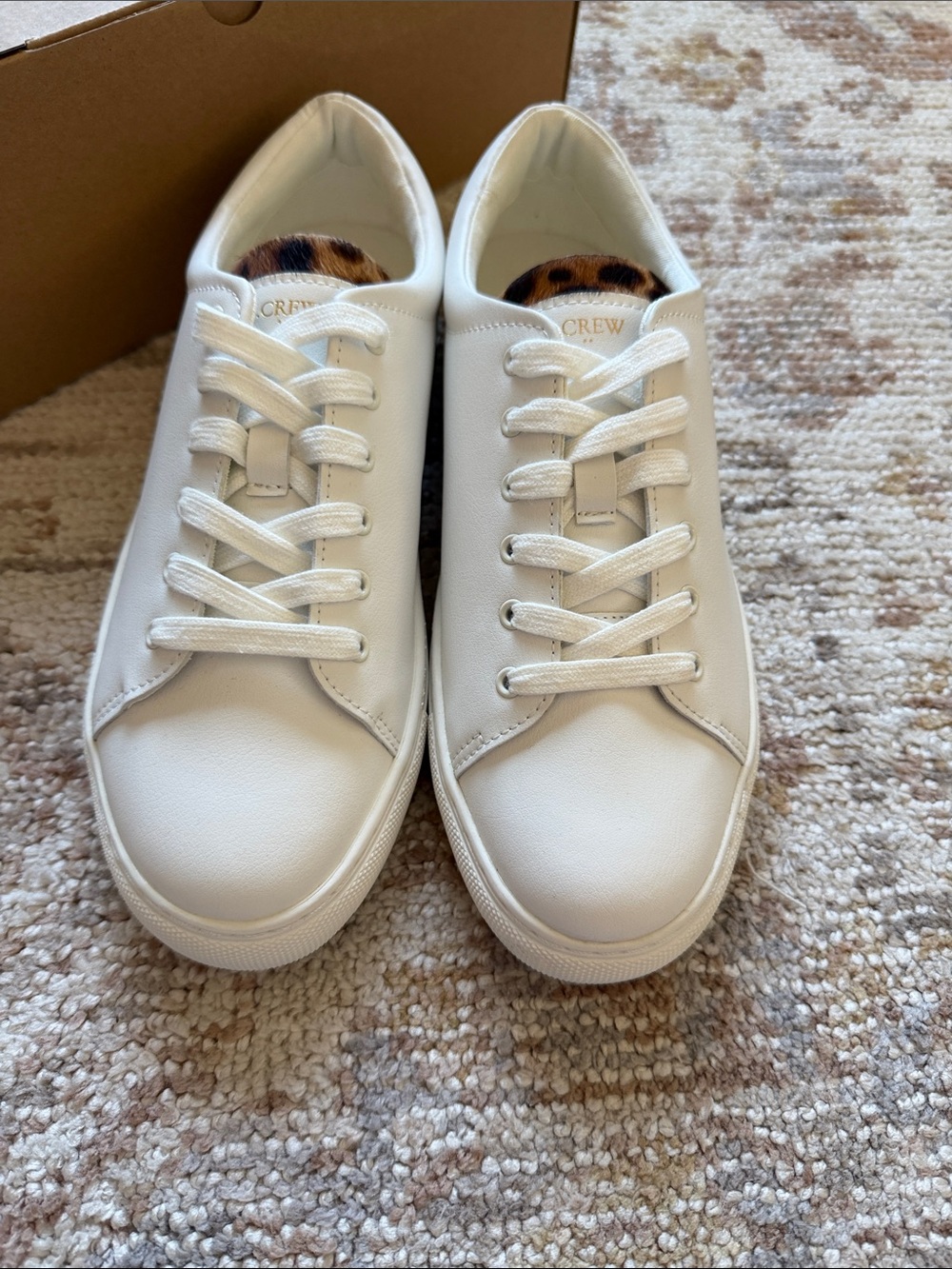 J. Crew White Leather Sneakers with Leopard Tongue Accent